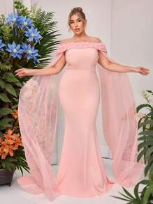 SHEIN Belle Plus Size Elegant Minimalist Pink Flounce Off Shoulder Neck Floral Embellished Long Flared Hem Bridesmaid Dress