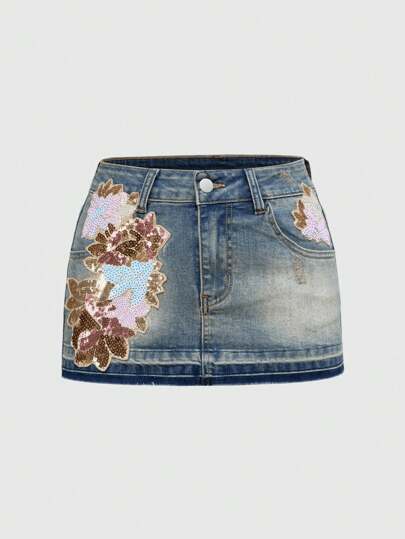 Kawaii Vintage Distressed Wash Low-Waist Sequins Embroidery Denim Mini Skirt For Women