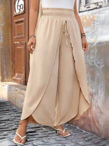 SHEIN LUNE Women's Plus Size Solid Color High Waist Paper Bag Wide Leg Pants Summer Outfits For Women Spring Break Rave Outfits Festival Spring Break Outfits Modest Baggy Loose Oversize