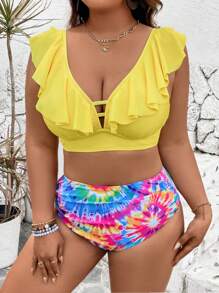SHEIN Swim Lushore Plus Size Women 2pcs/Set Printed Tankini, Solid Color Contrast Vest Style Bikini - Yellow - View 6