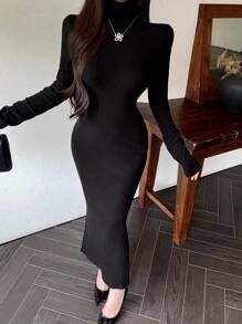 DAZY Women's Spring Fall Solid Color High Neck Long Sleeve Side Split Hem Long Fitted Elegant Dress - Black - View 4
