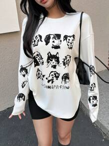 SHEIN EZwear Women's Crew Neck Long Sleeve Animal Print Casual T-Shirt - White - View 3