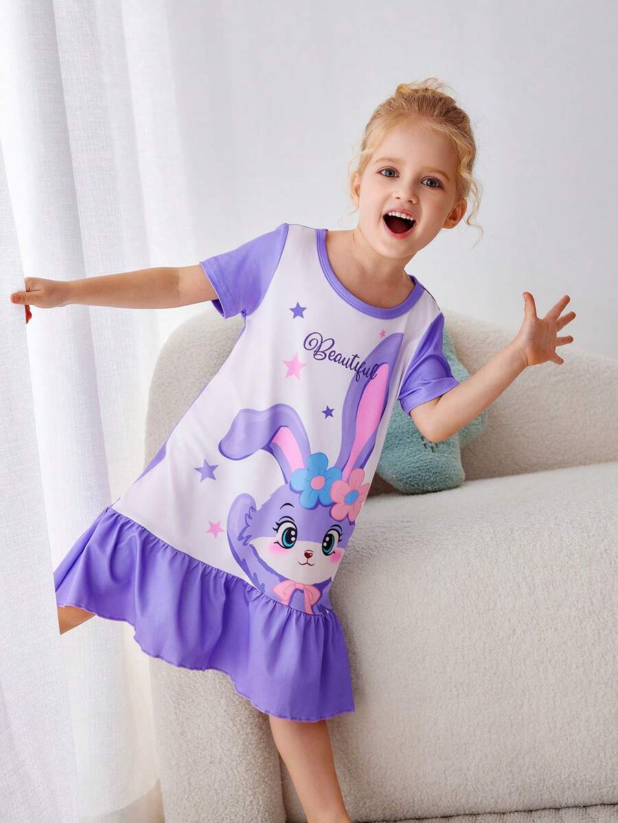 Little Girls Cute Long Ear Rabbit Print Short Sleeve Maxi Nightgown Loungewear