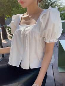 DAZY 纯色纽扣前方领泡泡袖衬衫，娃娃装上衣 - 白色 - 查看 6