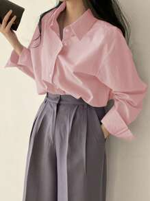 DAZY Women Solid Color Turn-Down Collar Long Sleeve Shirt With Front Buttons,Long Sleeve Tops