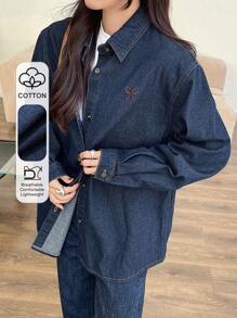 DAZY Women's Long Sleeve Casual Denim Top With Embroidered Bow Detail, Suitable For Autumn,Back To School Clothes,Jeans Jacket,Fall Women Clothes