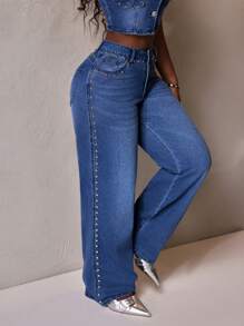 Slaydiva 女士口袋与铆钉装饰宽腿宽松休闲牛仔裤 - 藍色 - 查看 1