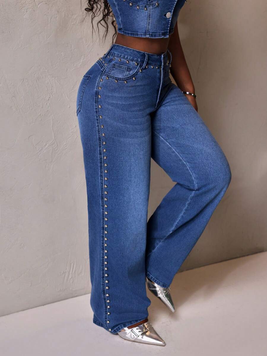 Slaydiva 女士口袋与铆钉装饰宽腿宽松休闲牛仔裤 - 藍色 - 查看 1