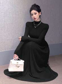 DAZY Women High Neck Fitted Mid-Length Dress, Autumn/Winter, Birthday ,New Year Eve Prom Dress,Fall Women Clothes Long Sleeve Dress Elegant Women Dresses - Black - View 3
