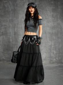 SHEIN EZwear Women's Spring And Summer Country Festival Outfits Vintage Ruffle Lace Maxi Skirt