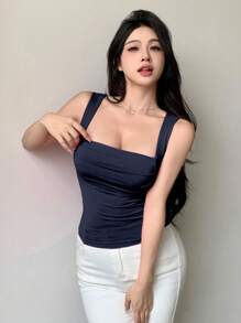 DAZY Top casual ajustado con cuello cuadrado y plisado para mujer - Azul Marino - Ver 4