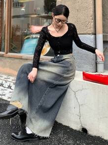 DAZY 女士口袋做旧磨损下摆长款休闲牛仔裙夏季牛仔裙 - 藍色 - 查看 7