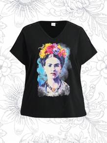 Frida Kahlo X SHEIN Plus Size Letnia, swobodna, kontrastowa, koronkowa, graficzna koszulka T-shirt