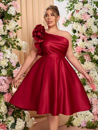 Lovelzi Vestido midi de satén rojo elegante y romántico con pliegues y detalle en los hombros en corte evasé para mujer de talla grande, vestido para invitada de boda, apropiado para bailes formales, fiestas, ceremonias, fiesta, baile de graduación