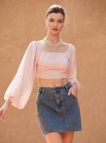 SHEIN Privé Blusa de manga larga con cordones en la espalda y acabado metálico en color rosa para mujeres - Rosa - Ver 7