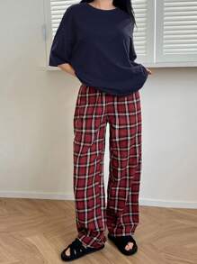 DAZY Conjunto de ropa de descanso con top y pantalones holgados a cuadros