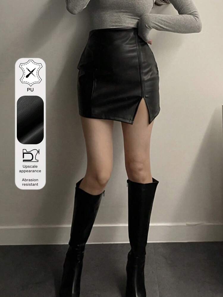 Women's PU Side Slit Bodycon Mini Skirt, Black, All Seasons,Pencil Skirt,Back To School Clothes Leather Skirt Fall