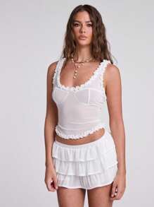 SHEIN BAE Women Solid Color Frill Trim Cropped Tank Top And Asymmetrical Hem Midi Skirt Set, Fashionable - White - View 3