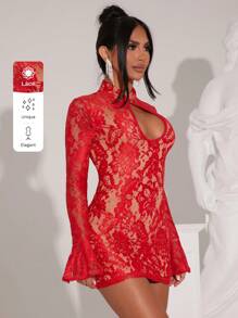 SHEIN SXY Winter Red Party Dress New Year's Eve Lace Sexy Dress New Year's Dress, Chinese Style New Year's Dress. - Red - View 9
