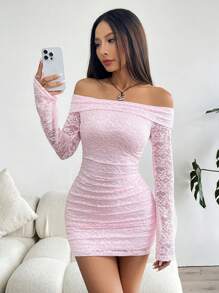 SHEIN EZwear Women's Elegant Solid Color Lace Off Shoulder Fitted Mini Dress,Pastel Dresses For Women