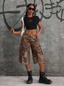 SHEIN ICON Women's Zebra Print Distressed Cargo Pocket Frayed Hem Casual Denim Shorts - Multicolor - View 4