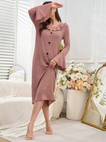 Vestido de estar en casa casual con cuello Peter Pan y volantes en el bajo para mujer
