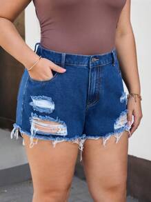 SHEIN SXY Plus Size Women Distressed Pockets Denim Shorts - Blue - View 4