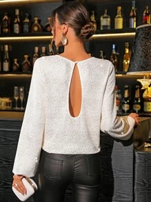 SHEIN Clasi 超大闪光长袖圆领休闲上衣，侧开衩，时尚派对，秋冬新品 - 杏色 - 查看 2