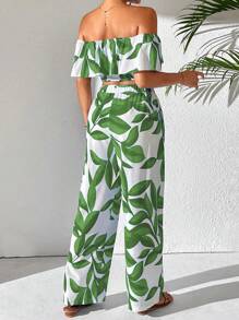 Breezaya 2pcs/Set Women Holiday Plant Print Ruffles Off Shoulder Top And Pants - Green - View 2