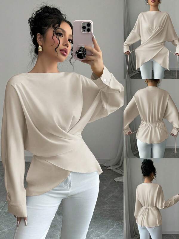 Elenzga Women's Cross Waist Tie Solid Color Long Sleeve Loose Cotton Shirt, Autumn/Winter Fall Cloth For Women