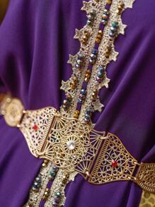 Layrah Multi-Colored Handmade Embellished Long Sleeve Arabian Dress, Modest Kaftan For Evening Party/Wedding Guest/Anniversary - Multicolor - View 9