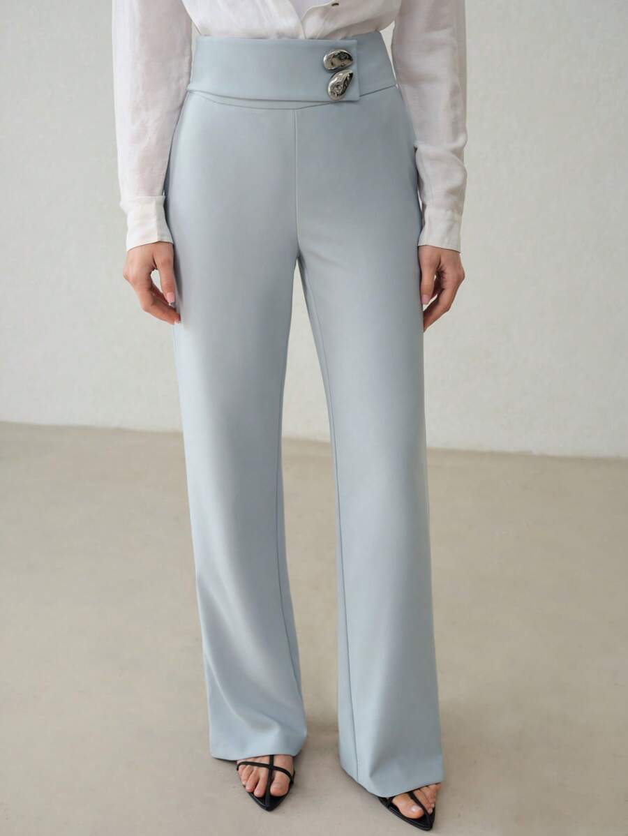 SHEIN x PRISCILA & JIMENA MOTF PREMIUM METAL STRAIGHT LEG SUIT PANTS - Dusty Blue - View 1