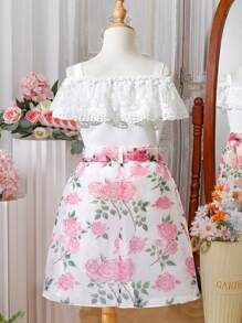2pcs/Set Young Girl Contrast Lace Ruffle Shoulder Top And Floral Print Mini Skirt - Multicolor - View 2