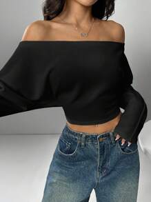 SHEIN EZwear Women's Off Shoulder Solid Color Long Sleeve Crop Top
