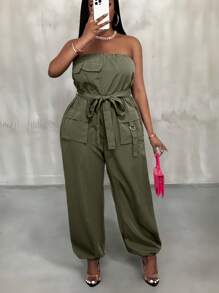Slaydiva 2025 New Versatile Simple Casual Street Strapless Sleeveless With Belt Waisted Decorated Multiple Cargo Pockets Overall Shorts, Plus Size