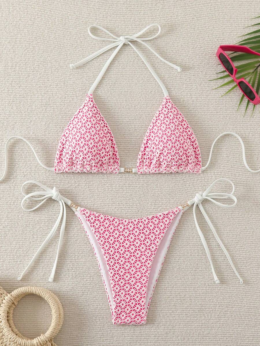 Swim Mod Women's Floral Print Halter Tie Side Bikini Swimwear Set For ...