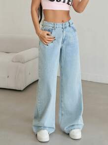 EURMUSE HIGH WAIST WODE LEG CASUAL DENIM STYLE - Medium Wash - View 4