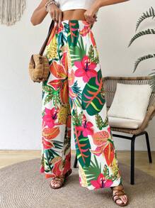SHEIN VCAY Women's Elastic Waist Tropical Plant Printed Loose Casual Wide-Leg Pants, Suitable For Vacation - White - View 1