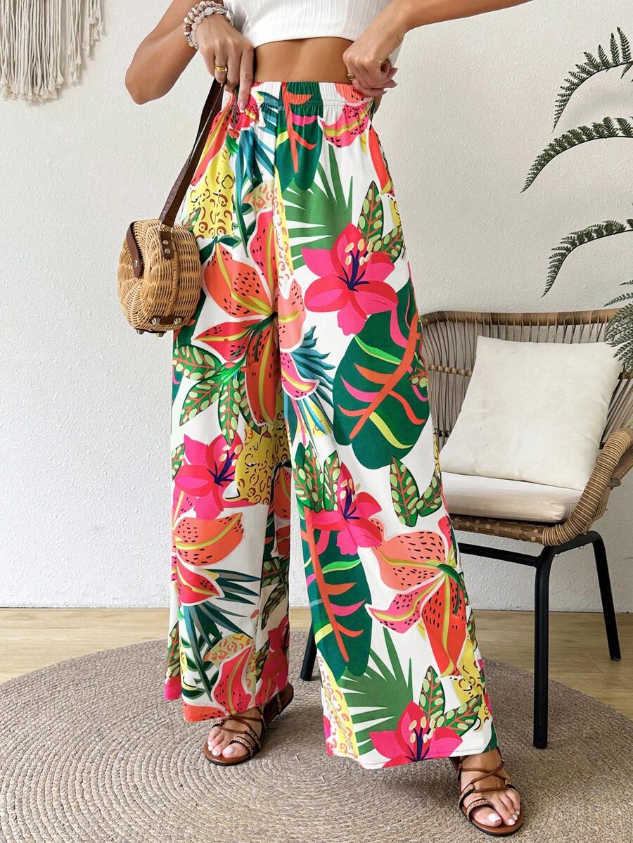 SHEIN VCAY Women's Elastic Waist Tropical Plant Printed Loose Casual Wide-Leg Pants, Suitable For Vacation - White - View 1