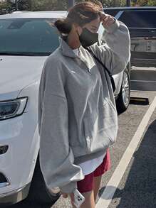 DAZY Half Zip Drop Shoulder Oversized Sweatshirt,Fall Women Clothes - Light Grey - View 6