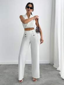 SHEIN PANTALON ÉVASÉ À TAILLE HAUTE AVEC BOUTONS DORÉS ET PLIS