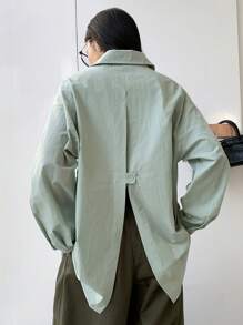 Dazy-Less 设计露背系带纽扣长袖女式开衩衬衫，秋季女装商务休闲女士工作服 - 藍色 - 查看 4