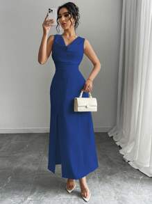 SHEIN Unity Women Elegant Solid Color V-Neck High Slit Sleeveless Dress, Formal Evening Dress, Sexy Long Dress - Blue - View 4