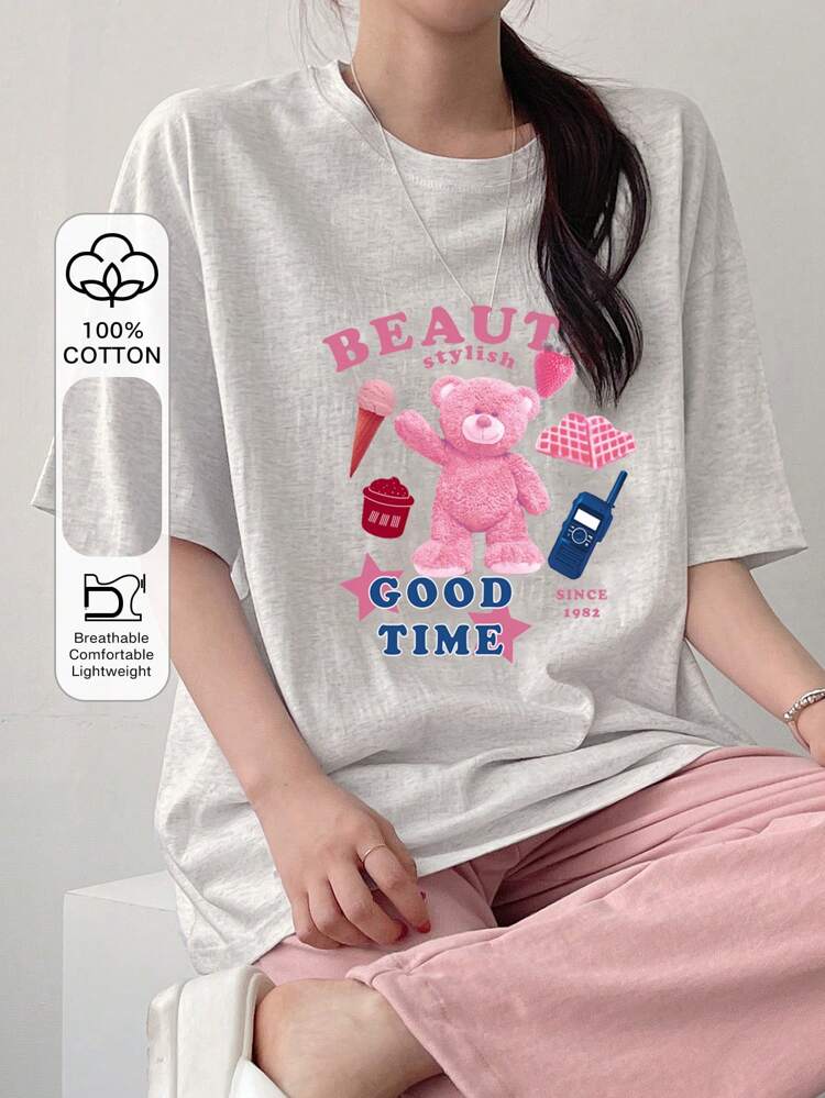 Women Round Neck Cartoon Teddy Bear Letter Print Short Sleeve Casual T-Shirt Cute Tops Oversized T-Shirt,Graphic Tees
