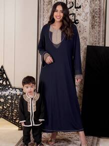 Al Najma Women's Spring & Summer Embroidered 2 Pieces Sheer Turkish & Arabic Style Maxi Dress Set, Modest Kaftan - Navy Blue - View 1