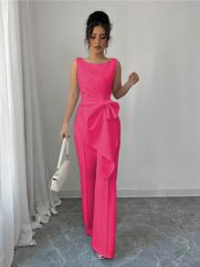 Elenzga 优雅无袖上衣和阔腿白色裤子两件套，修身时尚淑女风时尚服装 - 玫紅色 - 查看 6