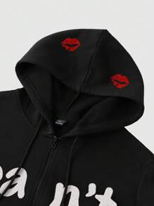 Manfinity EMRG 男士休闲字母印花拉链抽绳保暖连帽衫，适合秋季日常穿着，外出拉链复古图案长袖连帽卫衣，送给朋友、丈夫、男友的冬季礼物 - 黑色 - 查看 3