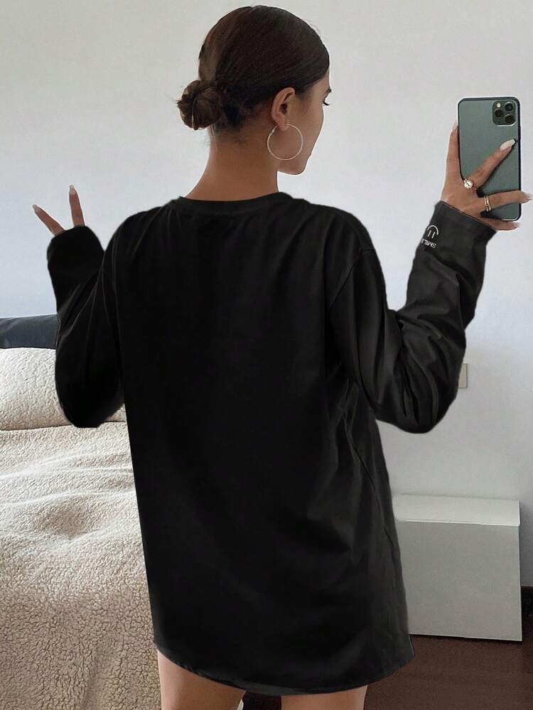 Letter Embroidered Loose Long Sleeve Crew Neck Casual T-Shirt For Women, Spring & Summer,Fall Clothes