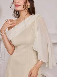 Modelyn Elegant Women's Banquet Apricot Skew-Shoulder Chiffon Lotus Sleeve Dress,Autumn Wedding Guest Dining Festival Clothes,Old Money Modest Summer Gown - Apricot - View 8