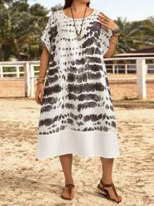 EMERY ROSE 大码女式扎染印花圆领蝙蝠袖短袖直筒休闲连衣裙，带口袋 - 彩色 - 查看 6